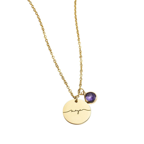 Engraved Disc & Birthstone Charm Necklace