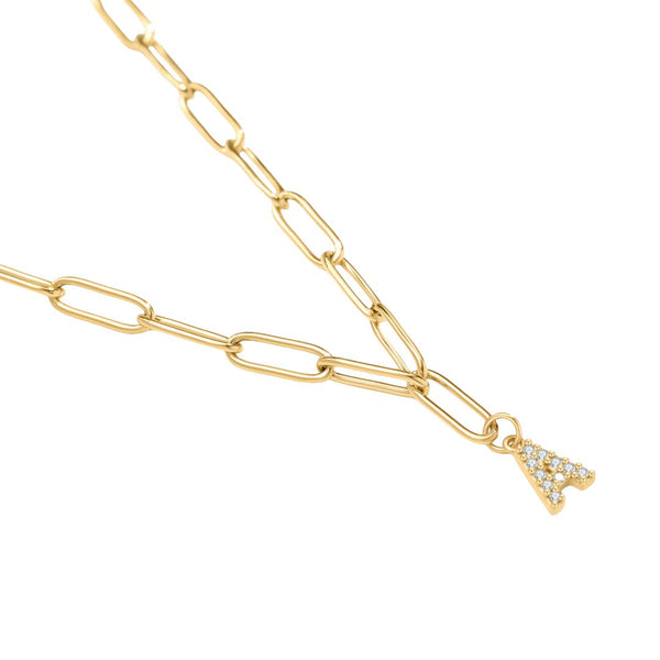 Zircon Initial Pendant Necklace on Paperclip Chain